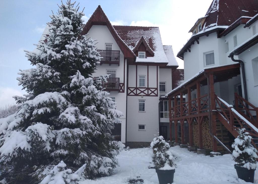 un albero innevato di fronte a un edificio di Penzión Chata Valaška a Dolný Smokovec