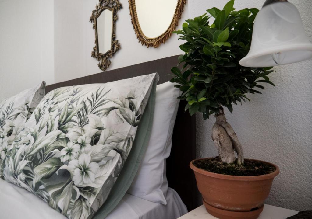 a pillow on a bed with a potted plant on a table at SANTA CRUZ country cottage in KallithÃ©a