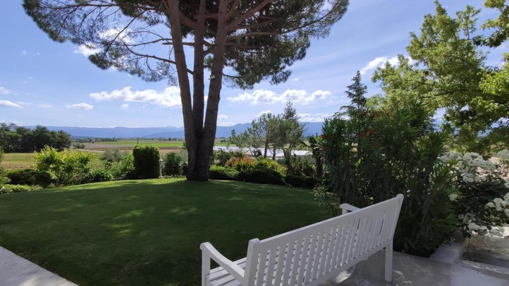 a white bench sitting under a tree in a yard at La Villa Moursoise 4 Etoiles in Mours-Saint-EusÃ¨be