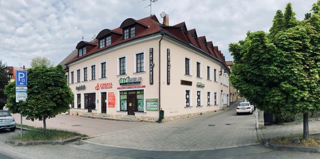 捷克利帕的住宿－Guesthouse Zlatý Hrozen，一条城市街道上的白色大建筑