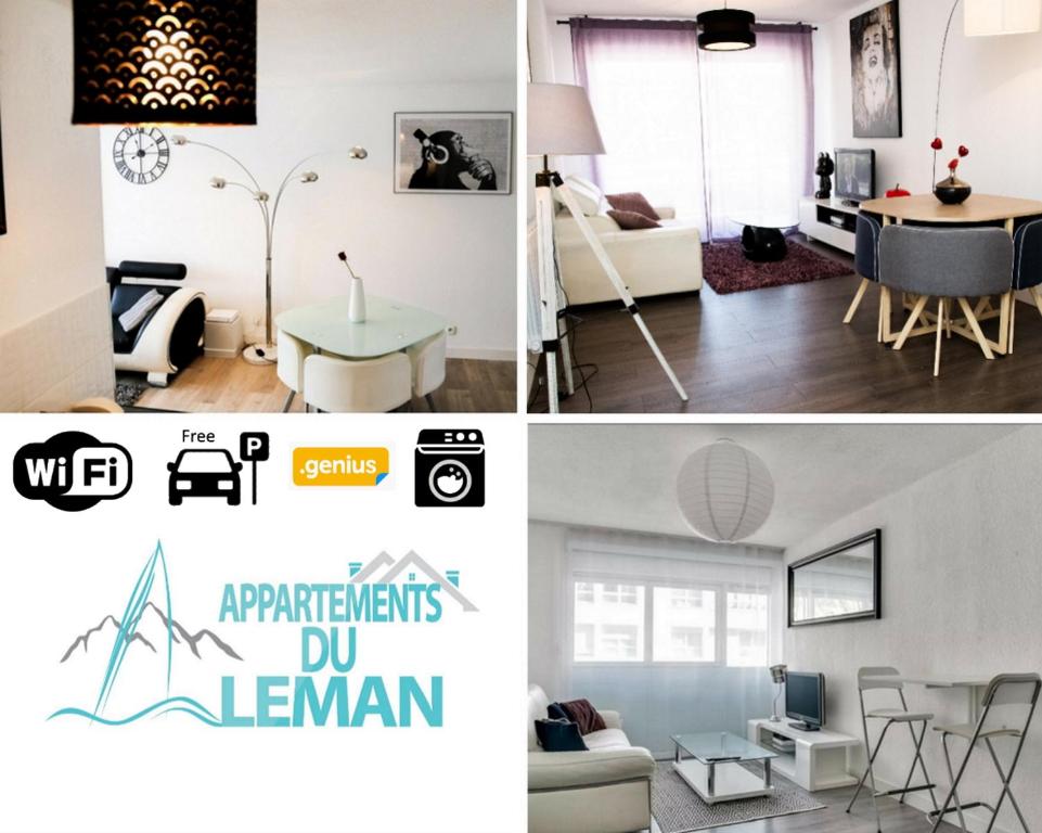 een collage van foto's van een woonkamer en een eetkamer bij Appartements du Léman - Proches Genève - Parkings privés gratuits in Annemasse