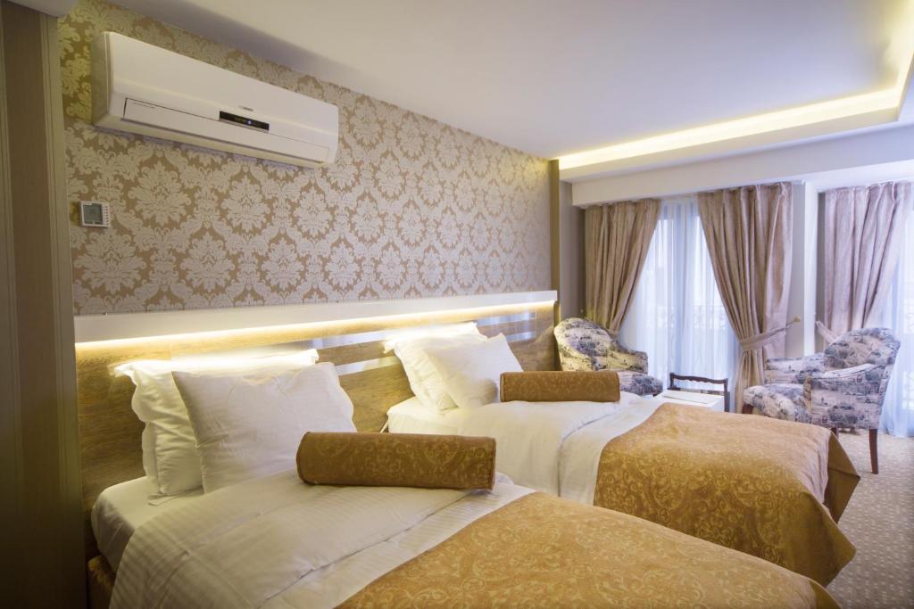 伊斯坦堡的住宿－老城金雨酒店，酒店客房,配有两张床和椅子