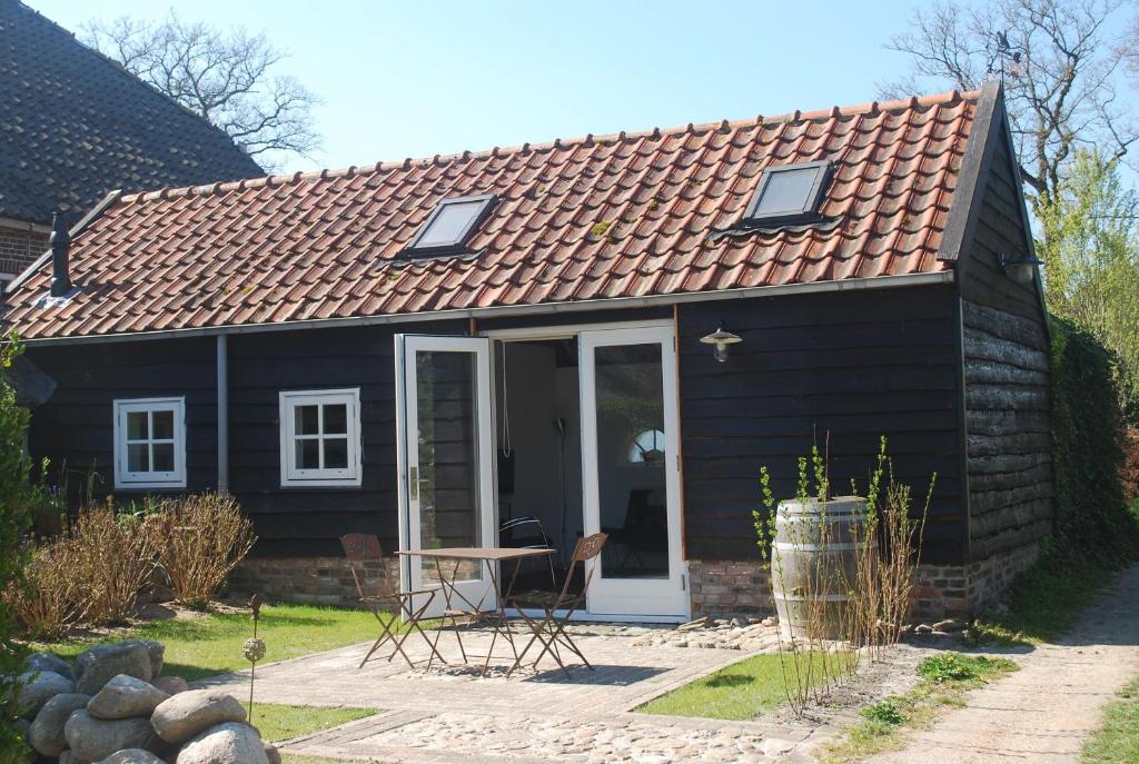 une petite maison noire avec une porte blanche dans l'établissement WW15 - Het Geitenhuisje, à Ruinerwold
