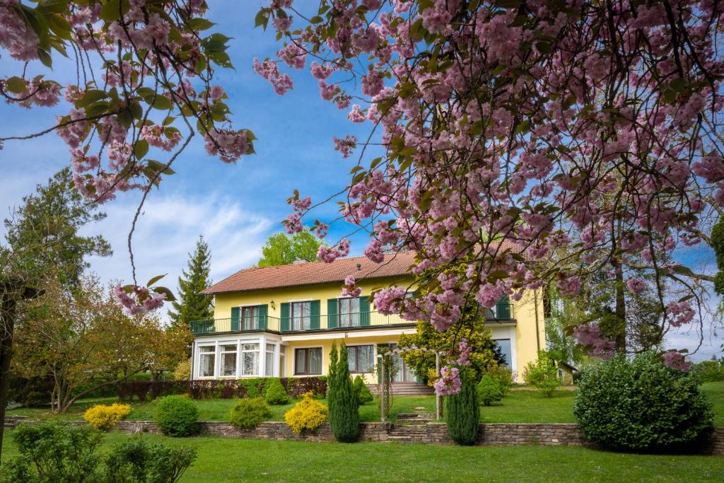 een huis met een bloeiende boom ervoor bij Landhaus zu Kürenberg in Bergham