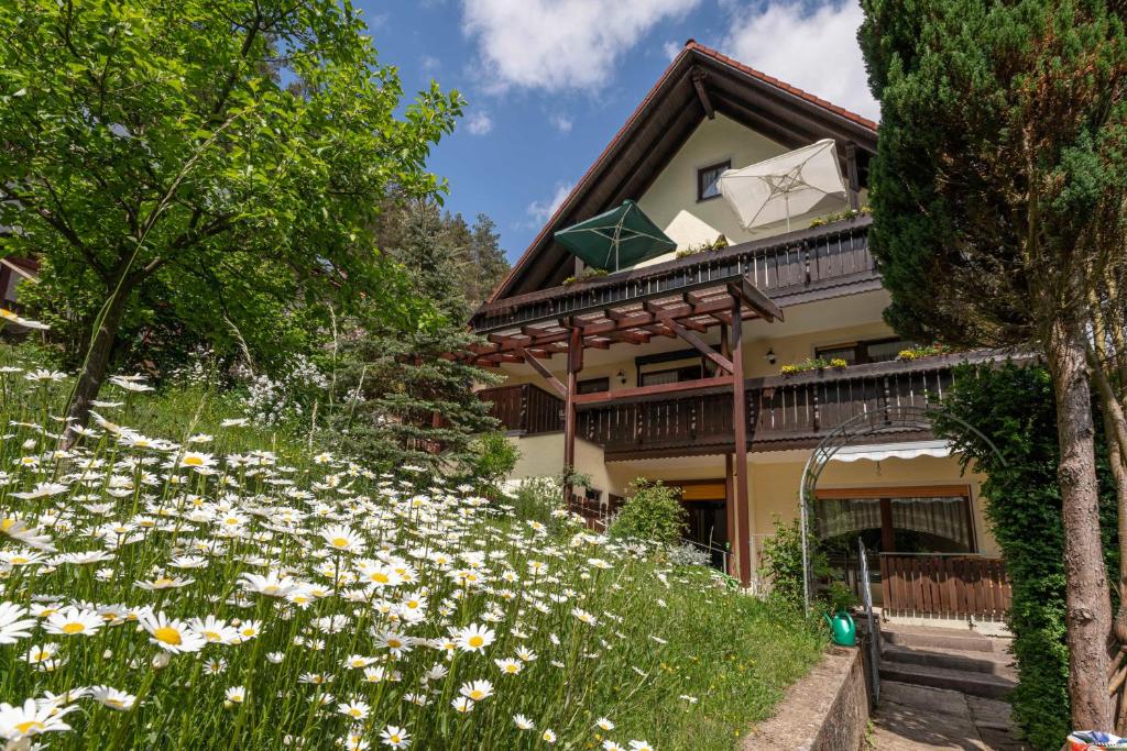 ein Haus mit einem Blumenfeld davor in der Unterkunft Haus Wiesenttal in Waischenfeld