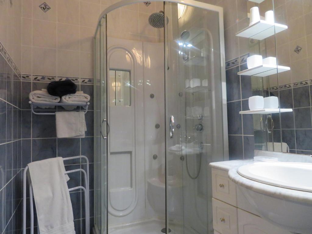 a bathroom with a shower and a toilet and a sink at Murmure des buis in Corveissiat