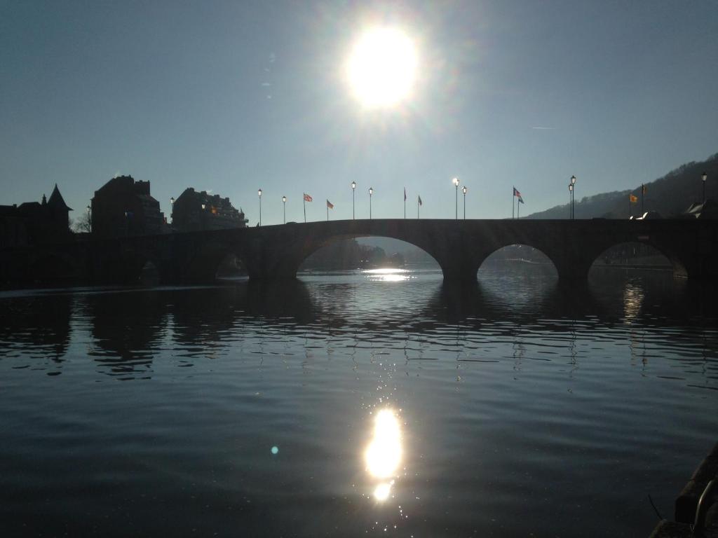 most nad rzeką ze słońcem na niebie w obiekcie La Valse Lente w mieście Namur