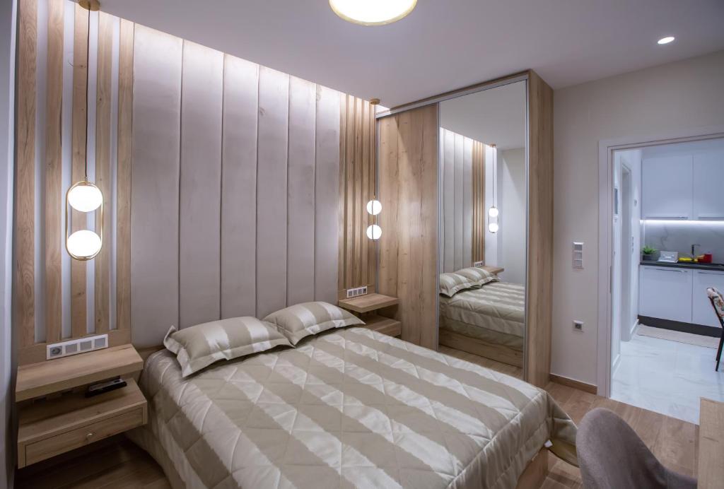 1 dormitorio con 1 cama grande y espejo en Central Apartment Marianthe en Ioánina