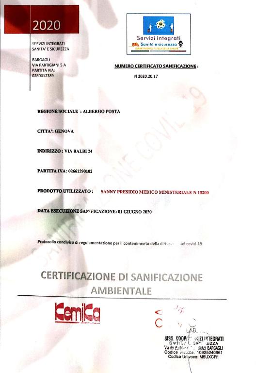 Certifikát, hodnocení, plakát nebo jiný dokument vystavený v ubytování Albergo Posta