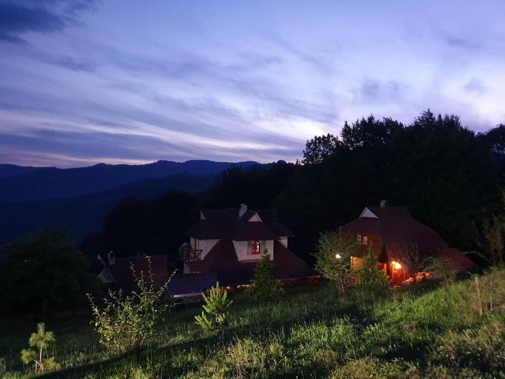 una casa sentada en la cima de una colina por la noche en Rakhiv Plai, en Rakhiv