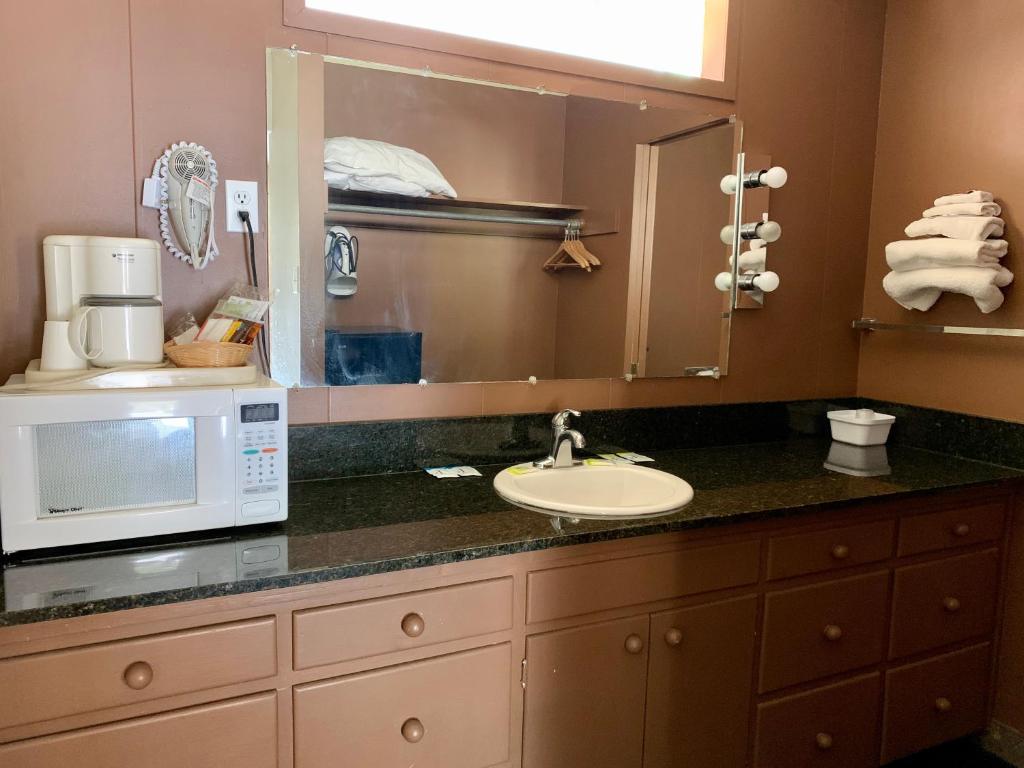 a bathroom counter with a sink and a microwave at Stevenson’s Inn in Kings Beach