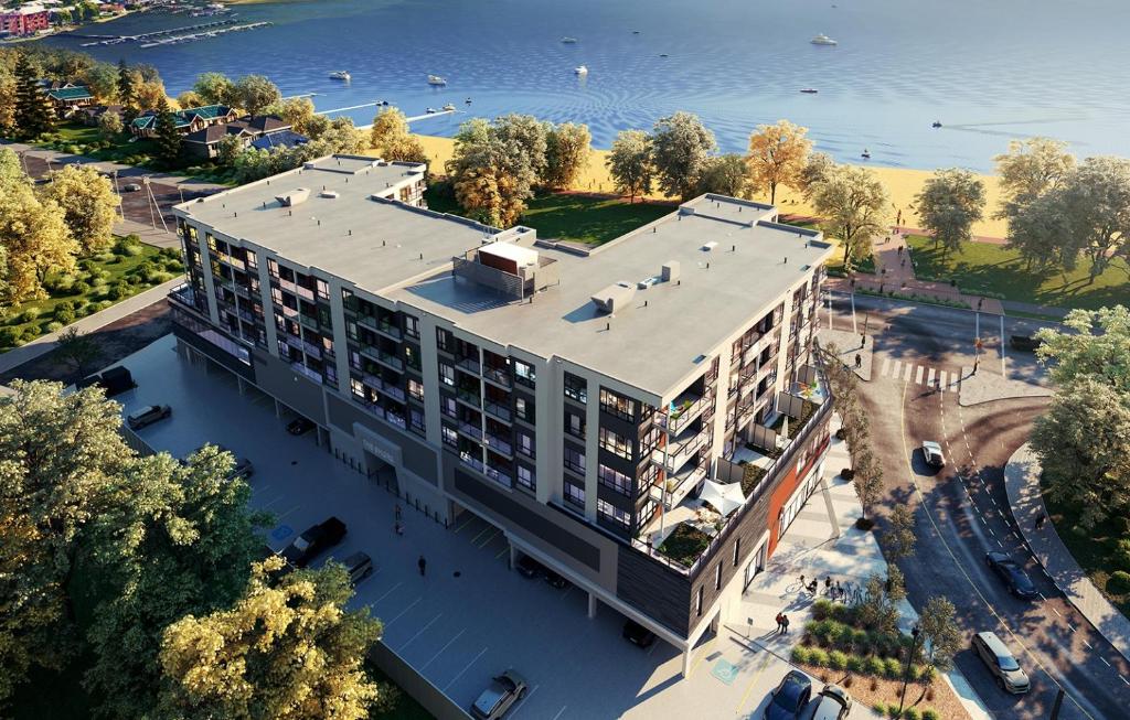 an overhead view of a building with a roof at The Shore in Kelowna