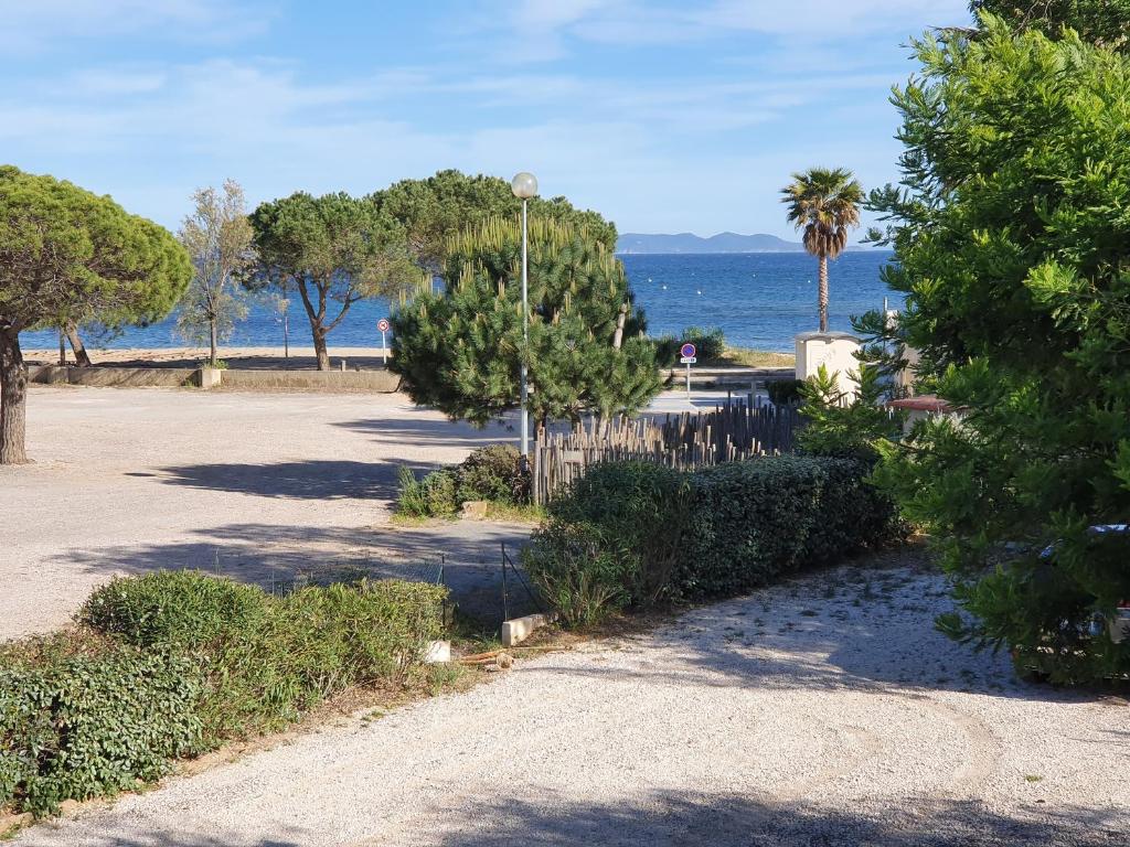 een park met bomen en de oceaan op de achtergrond bij Studio accès direct à la plage in La Londe-les-Maures