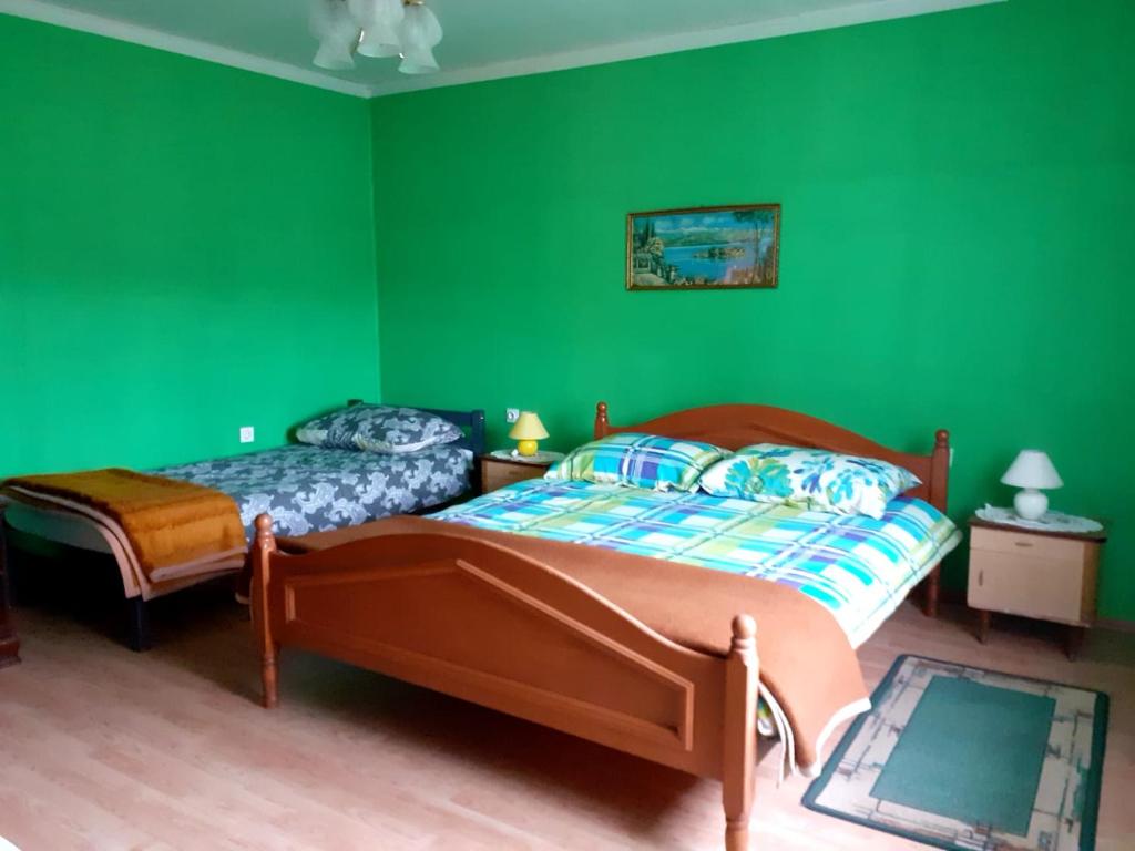 twee bedden in een kamer met groene muren bij Apartment Irena in Fužine