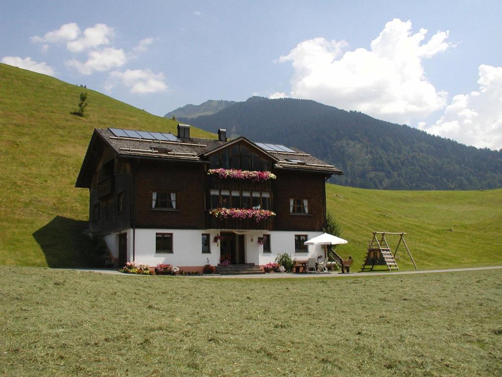 una casa en una colina en un campo en Appartments Haus Monika, en Schoppernau