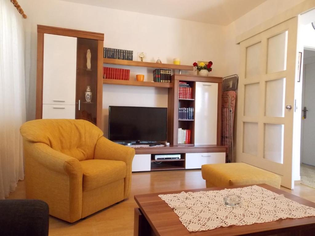 salon z krzesłem i telewizorem w obiekcie Apartment Sladić w mieście Nijvice