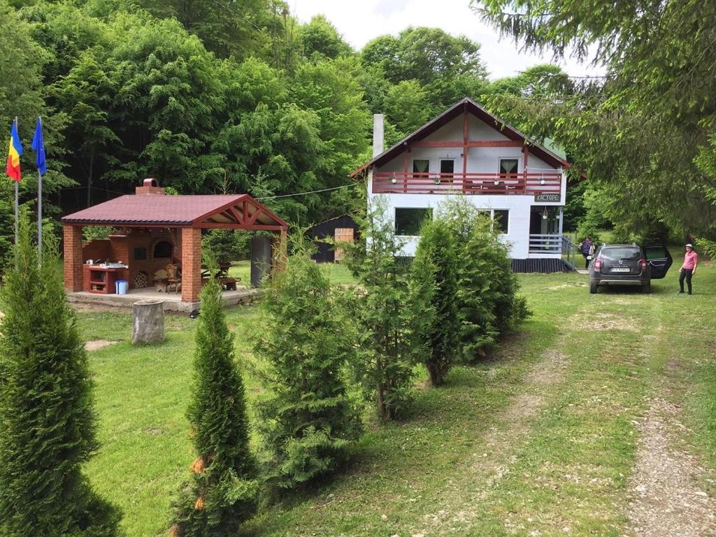 a house with a yard with trees in front of it at Cabana Khaliope in Floroaia Mică