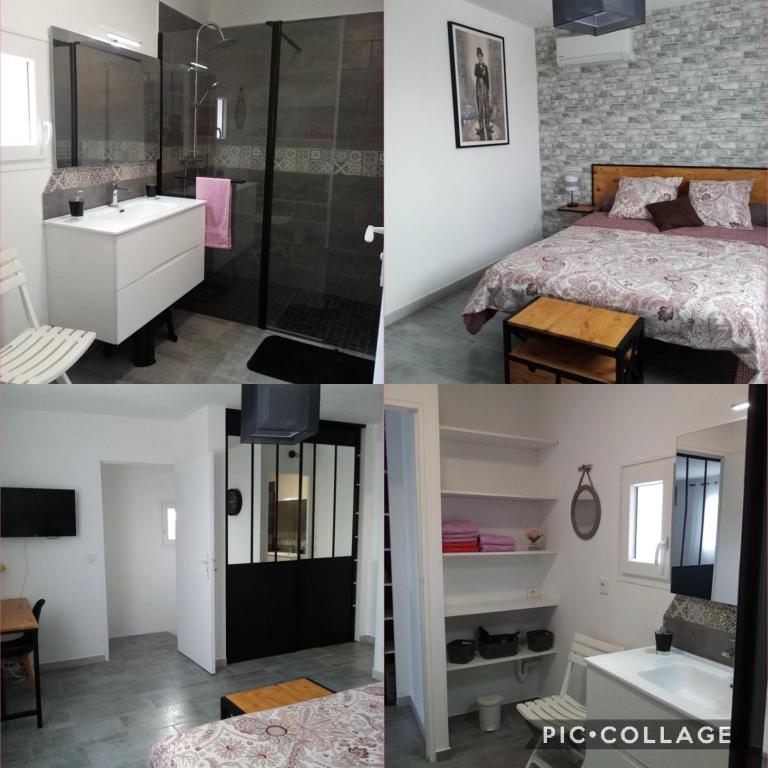 een collage van foto's van een slaapkamer en een badkamer bij la maison du coq in La Fare-les-Oliviers