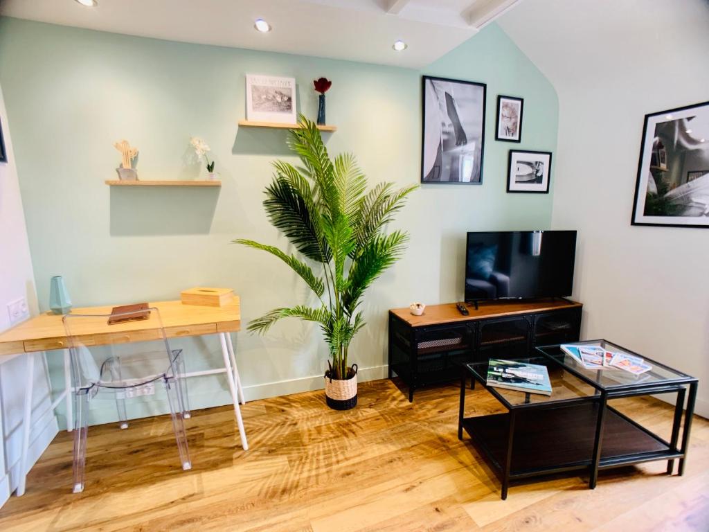 uma sala de estar com uma mesa e um vaso de plantas em Superbe Studio Bis de 30m2 au Port de Vannes em Vannes