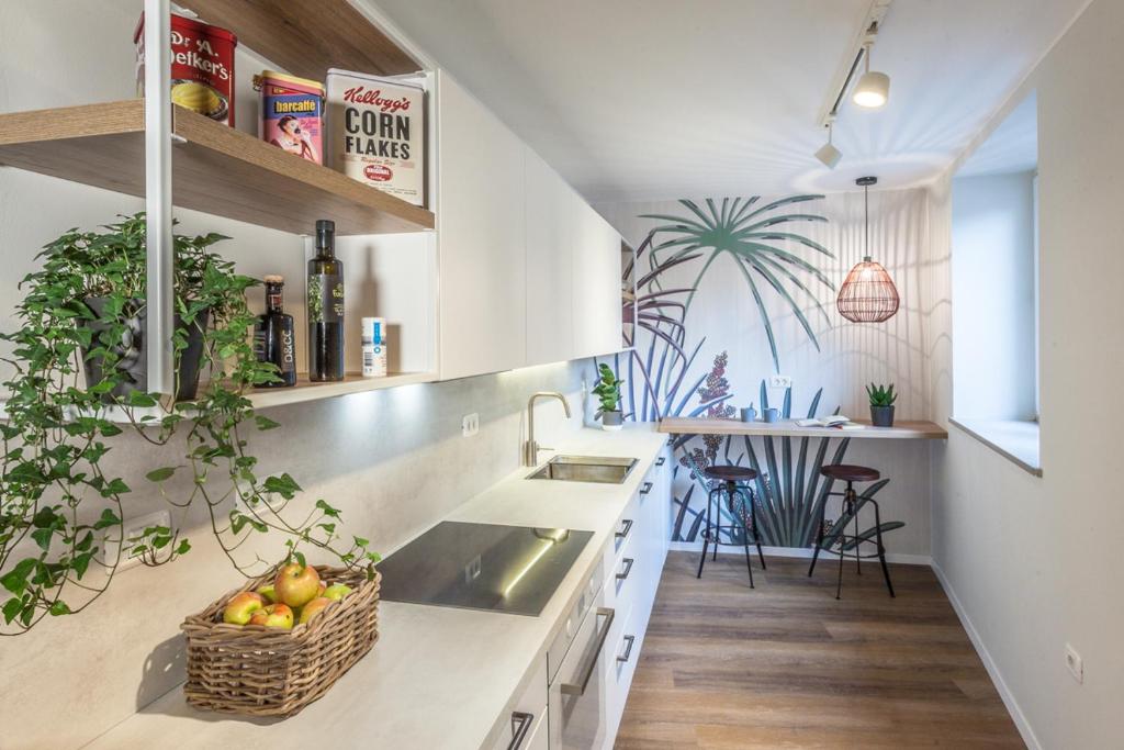 una cocina con fregadero y una barra con plantas en Apartment Evita in the old center of sunny Koper, en Koper