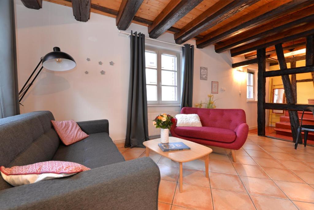 uma sala de estar com dois sofás e uma mesa em Appartement L'Elégant de la Petite Venise em Colmar