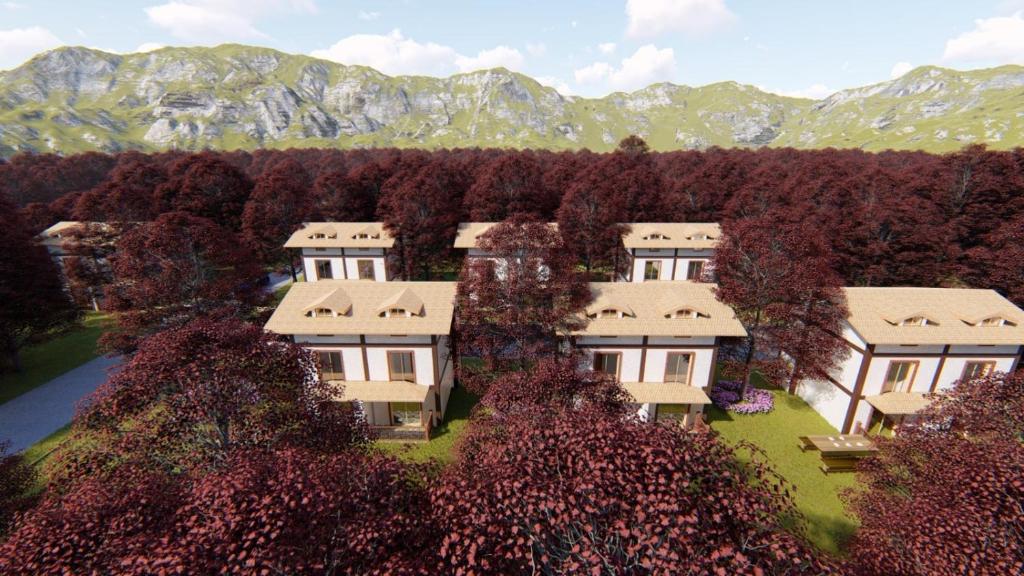 una vista aerea di una casa con montagne sullo sfondo di Yıldız Country Hotel a Sinope