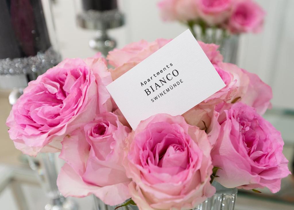 wazon różowych róż z kartką w obiekcie BIANCO APARTMENTS w Świnoujściu