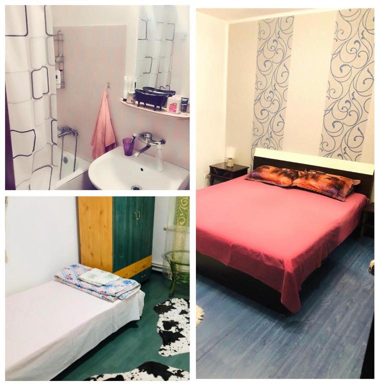 three pictures of a bedroom with a bed and a sink at WLD House in Constanţa