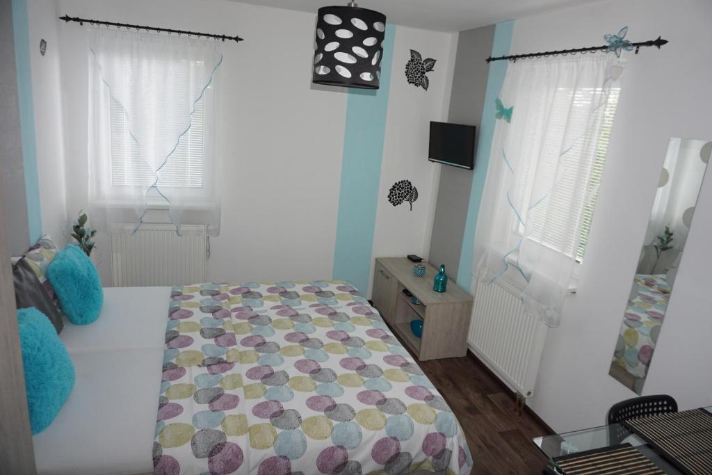 1 Schlafzimmer mit einem Bett, einem TV und 2 Fenstern in der Unterkunft Apartmány Freesia in Jablonec nad Nisou
