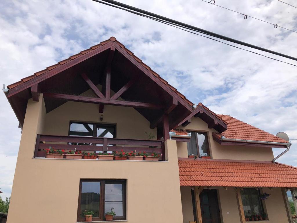 una casa con un balcón con flores. en Pensiune AGROTURISTICA COSTIANA, en Bretea Streiului