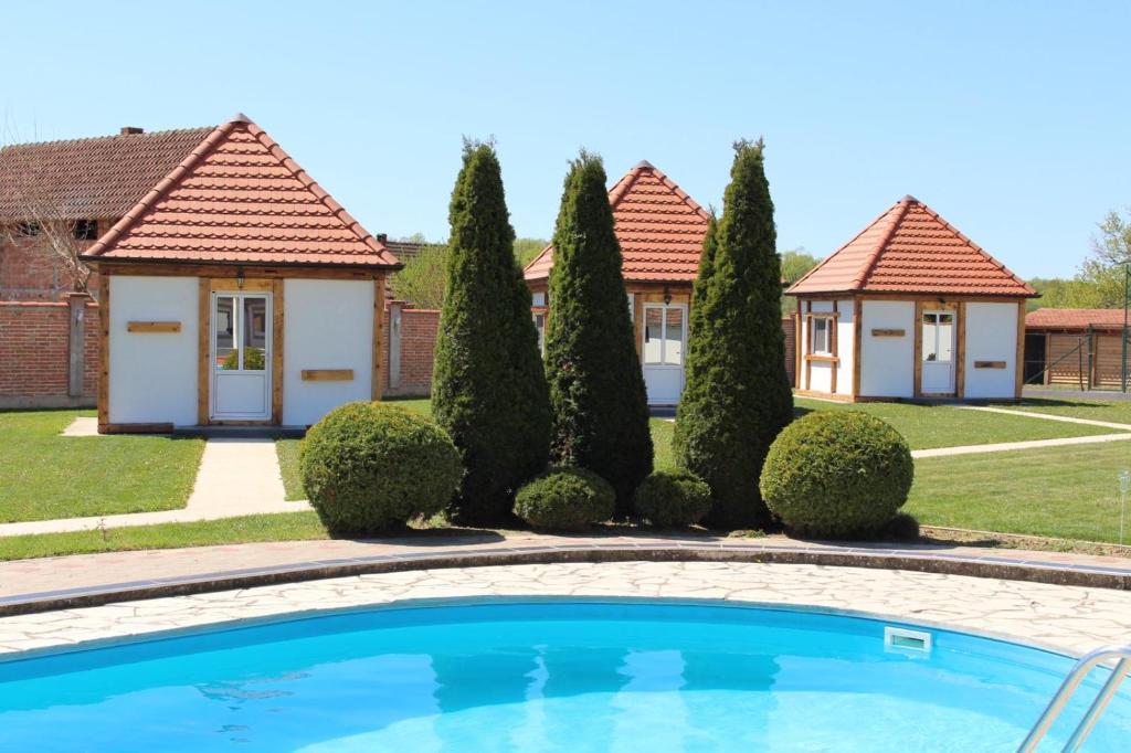 a villa with a swimming pool in a yard at Bungalovi Blagojević in Morović