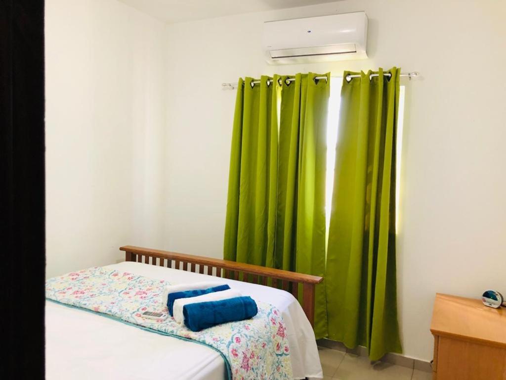 a bedroom with a bed with a green curtain at 2bedroom mountain view villa #2 in Muñoz