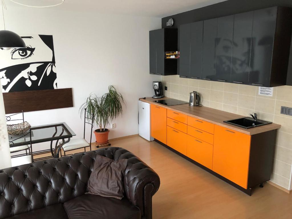ein Wohnzimmer mit einem Sofa und einer orangefarbenen Küche in der Unterkunft Richie Apartment near Aquapark in Prag