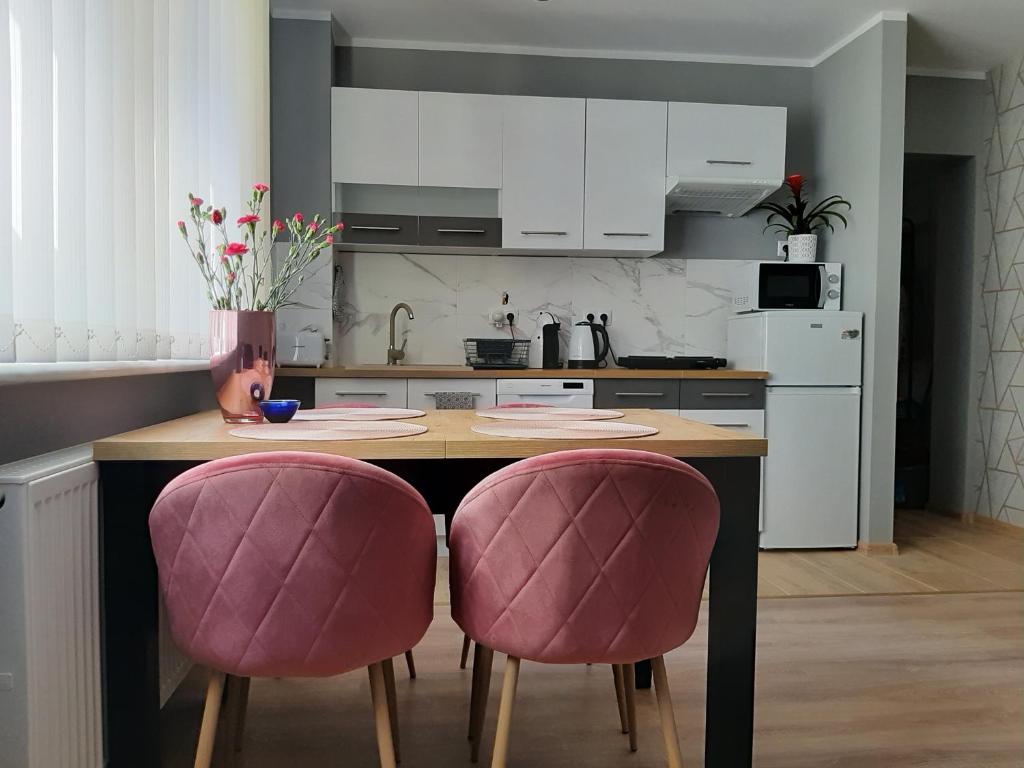 ウストロニエ・モルスキエにあるDomki i apartamenty w Ustroniu Morskimのキッチン(テーブル、ピンクの椅子2脚付)