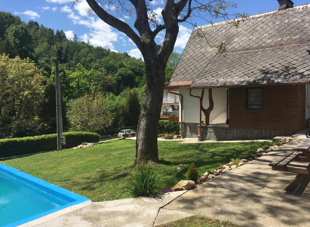 ein Haus mit einem Baum neben einem Pool in der Unterkunft Chata Lužná in Lužná