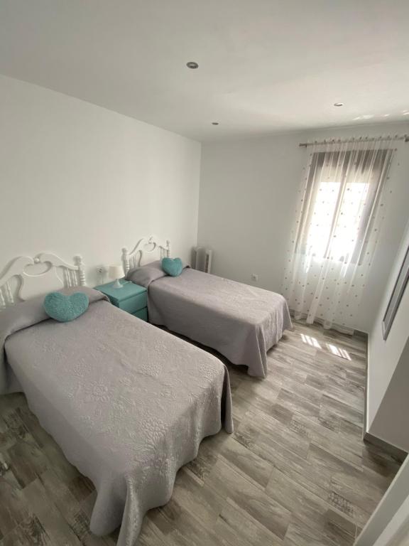 sypialnia z 2 łóżkami i oknem w obiekcie Conil Apartment w mieście Conil de la Frontera