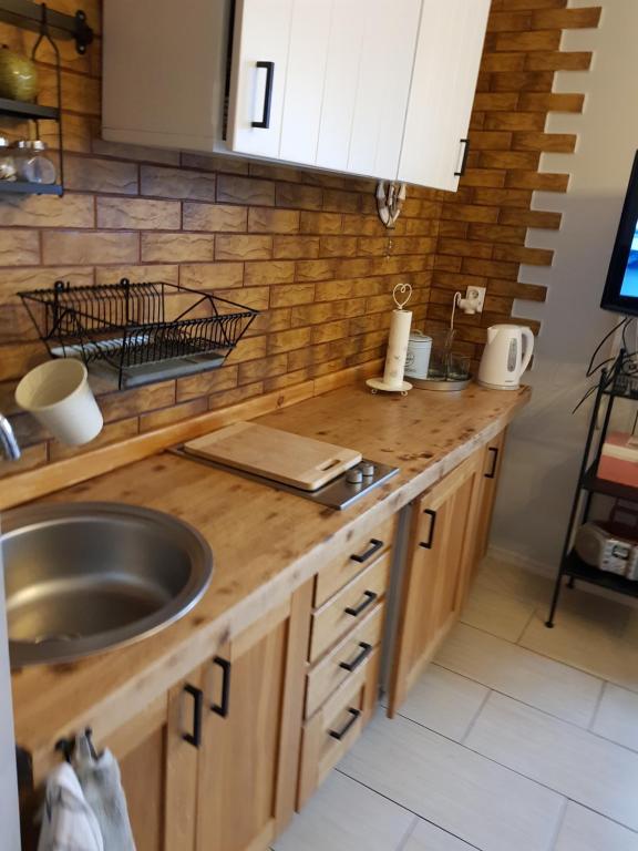eine Küche mit einer Spüle und einer Arbeitsplatte in der Unterkunft Apartament Maki Apartament na wyłączność in Krynica Morska