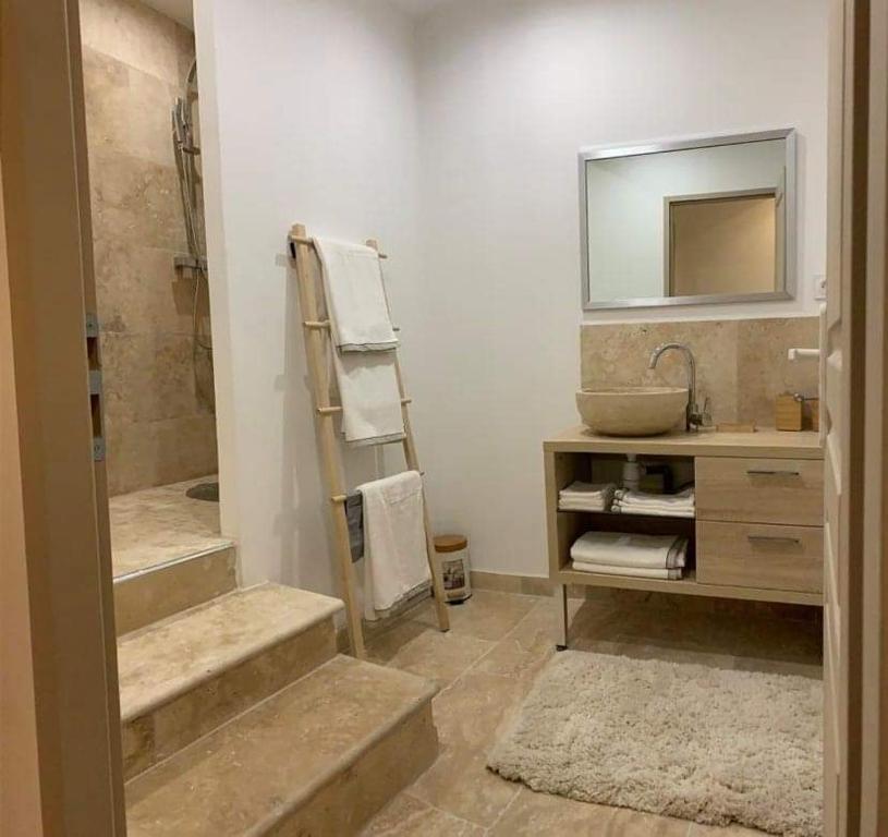 a bathroom with a walk in shower and a sink at Le soleil de Malaucène in Malaucène