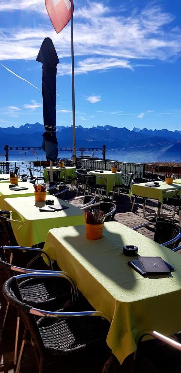 a group of tables and chairs on a pier with the ocean at Hotel Restaurant Alpina in Rigi Kaltbad