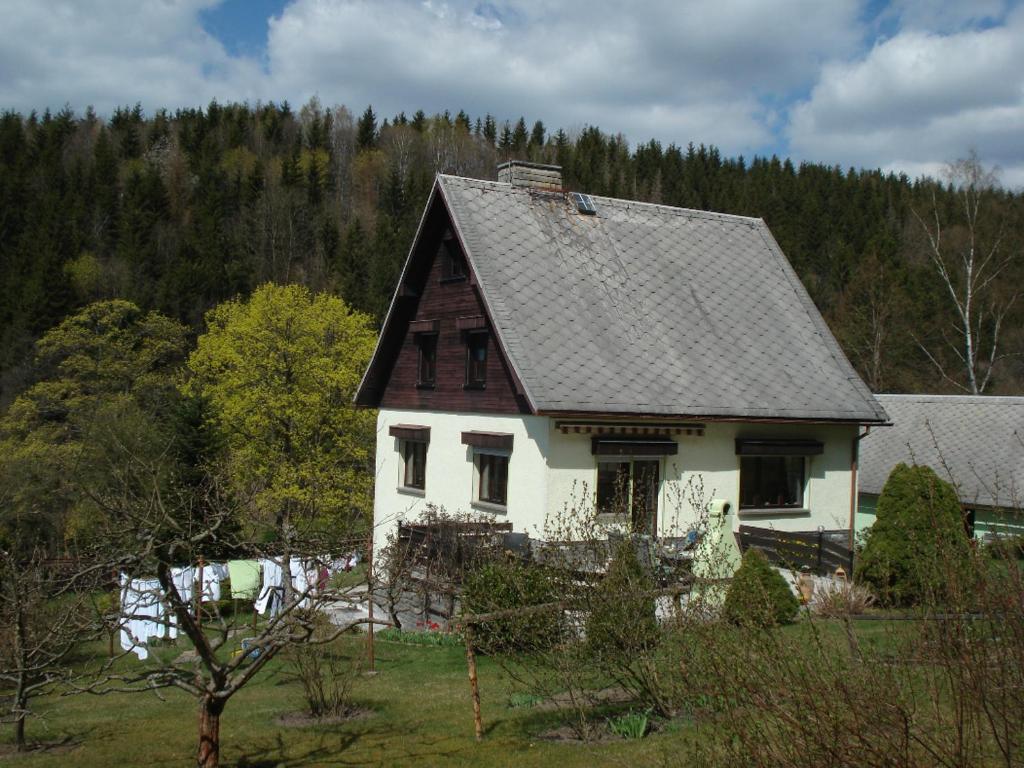 a small white house with a black roof at Erzgebirgsdomizil am Schwartenberg in Neuhausen