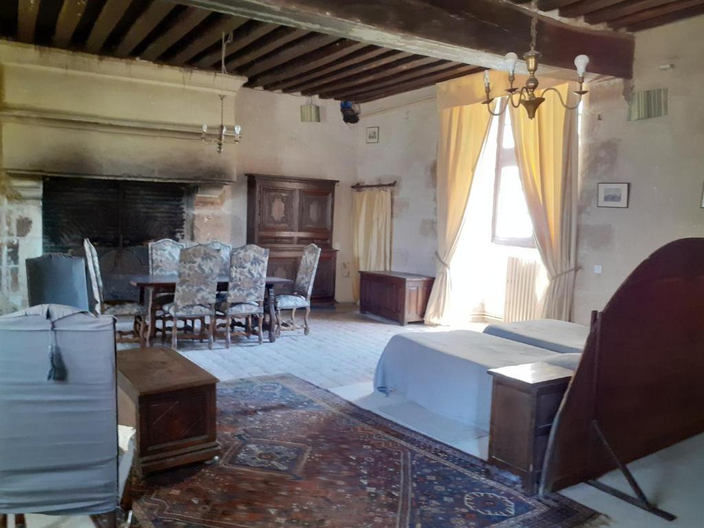 a living room with a fireplace and a table and chairs at Chateau de Chémery in Chémery