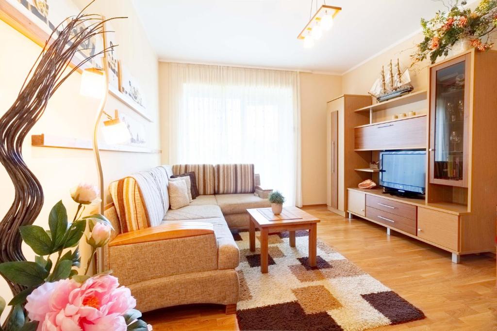 a living room with a couch and a tv at Daukanto Sun Apartment in Palanga