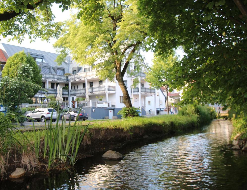 einen Fluss in einer Stadt mit Gebäuden im Hintergrund in der Unterkunft Amelie chez Inez in Radolfzell am Bodensee