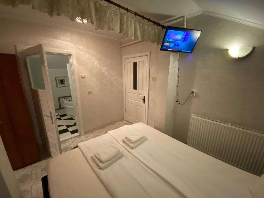 a bedroom with a bed and a tv on the wall at Apartament Mansarda in Curtea de Argeş