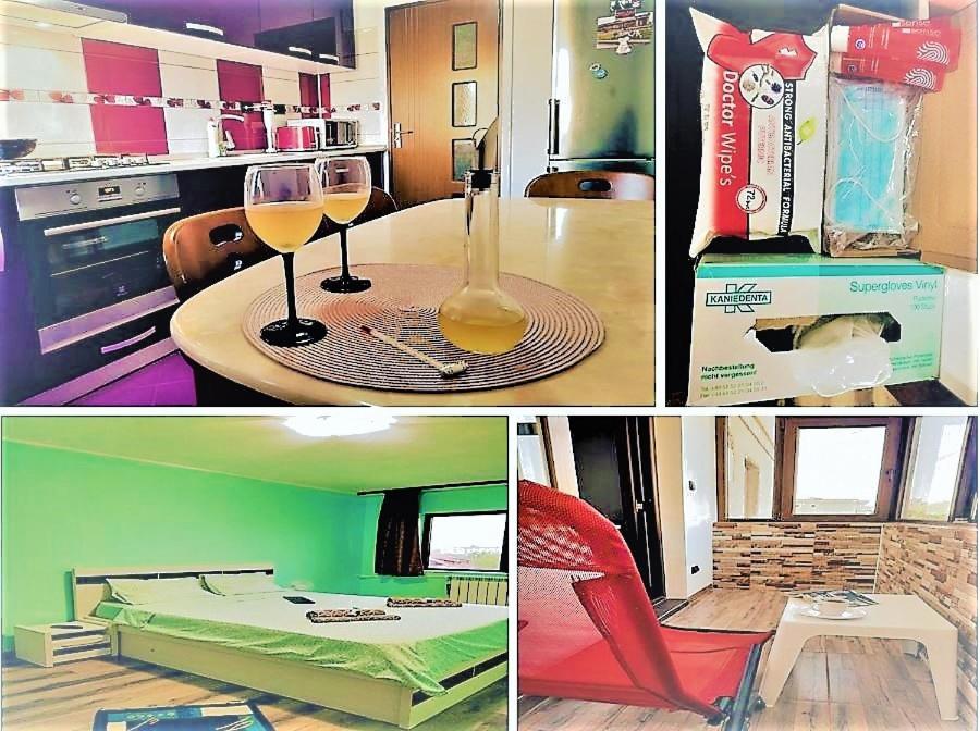 eine Collage mit Bildern einer Küche mit Weingläsern in der Unterkunft M Apartment aproape de plaja in Mangalia