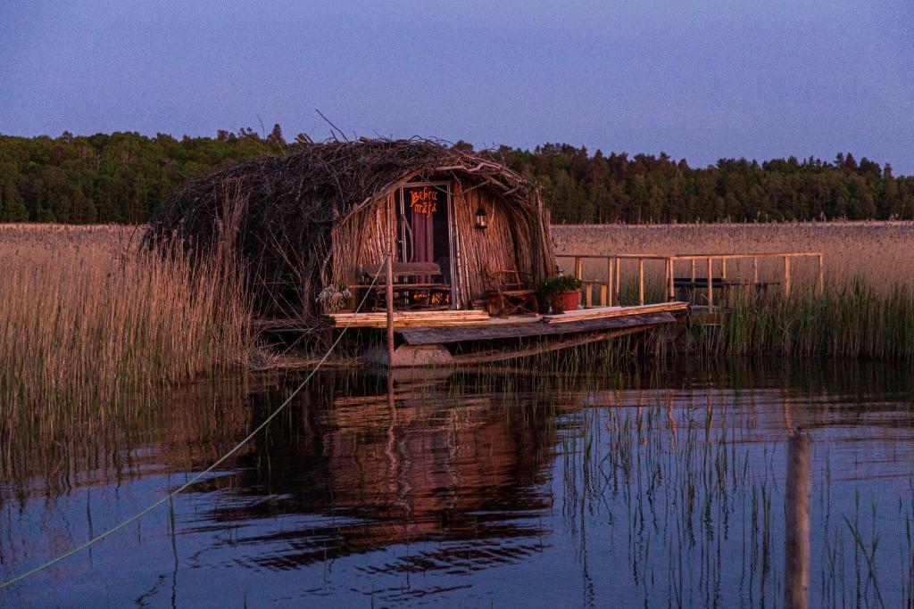 a hut sitting on a dock in the water at Bebru māja - Beaver house in Usma