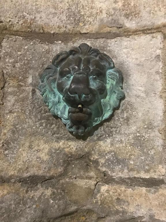 une statue d'une tête de lion sur un mur de pierre dans l'établissement Le Clos Saint Michel, à Carcassonne