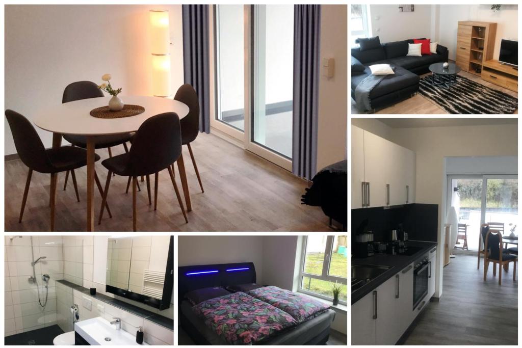 a collage of photos of a living room and a dining room at Ferienwohnung Wildes Wässerchen in Bad Hersfeld