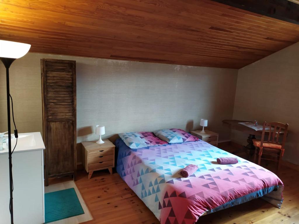 Postel nebo postele na pokoji v ubytování CHARDON BLEU Appartement chambre cuisine coin à manger sanitaires salle d'eau