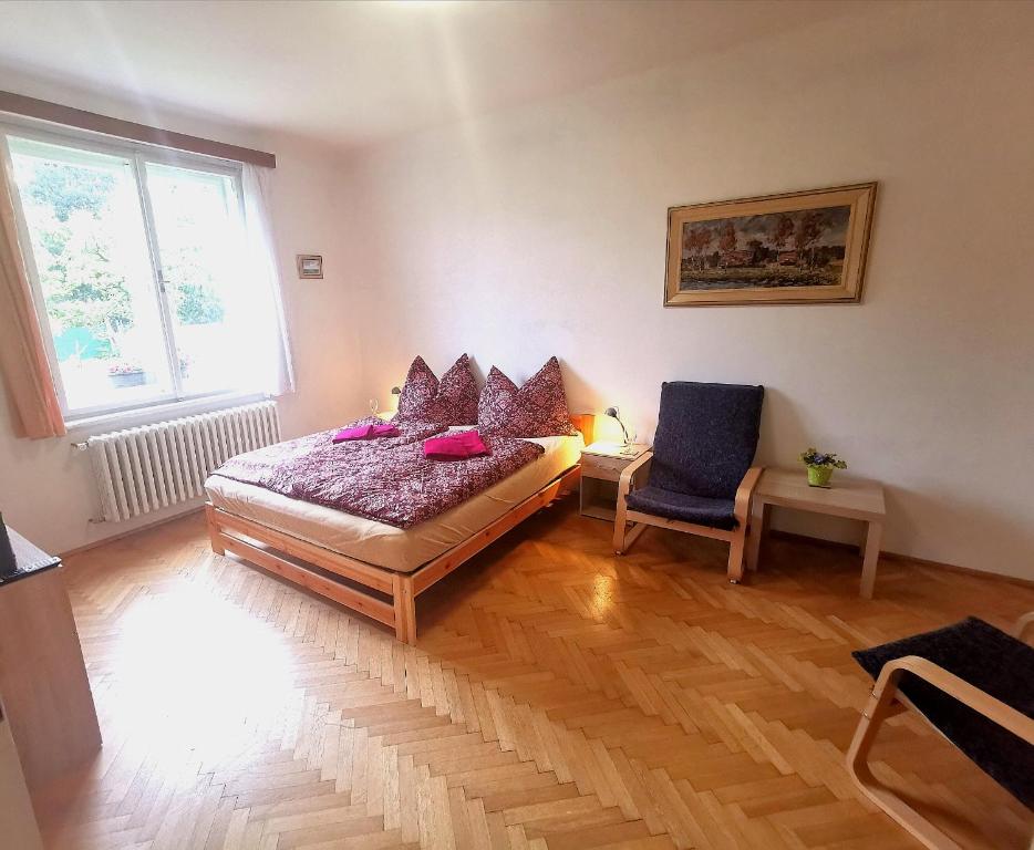 um quarto com uma cama, uma cadeira e uma janela em Penzion U Juráše em Třeboň